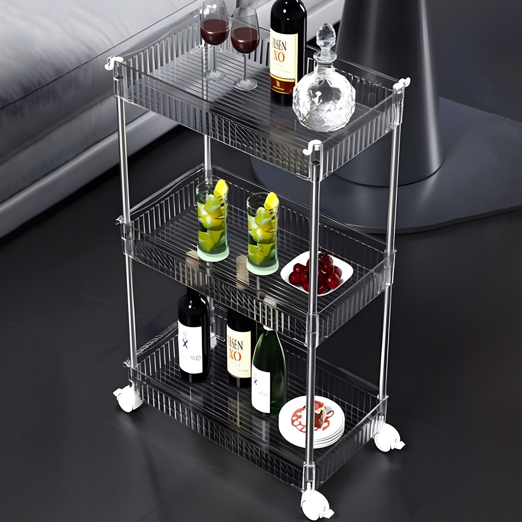 фото Этажерка метал/пластик 3-х ярусная 38,5*13,5*60 см на колесах прозрачный Baizheng