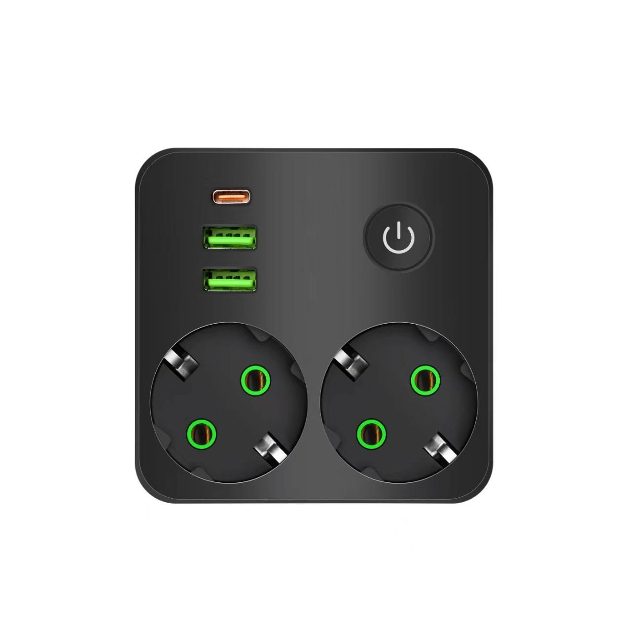 Сетевой фильтр разветвитель розетки, сетевой фильтр двойник, 2 USB, 2 розетки, 1 USB Type C, выключатель на корпусе, черный — фото 1