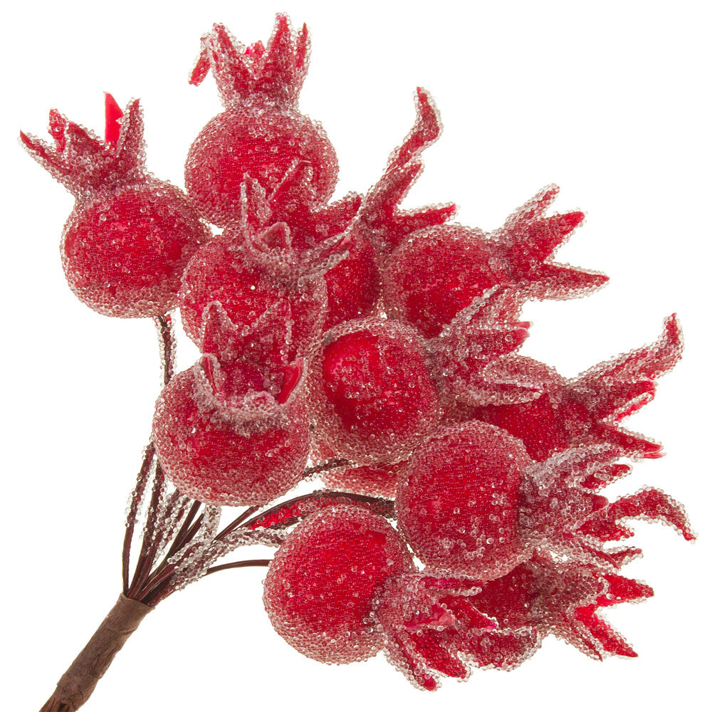 Шиповник искусственный засахаренный на вставке (пластик) D2xH11 см набор (12 шт) Красный