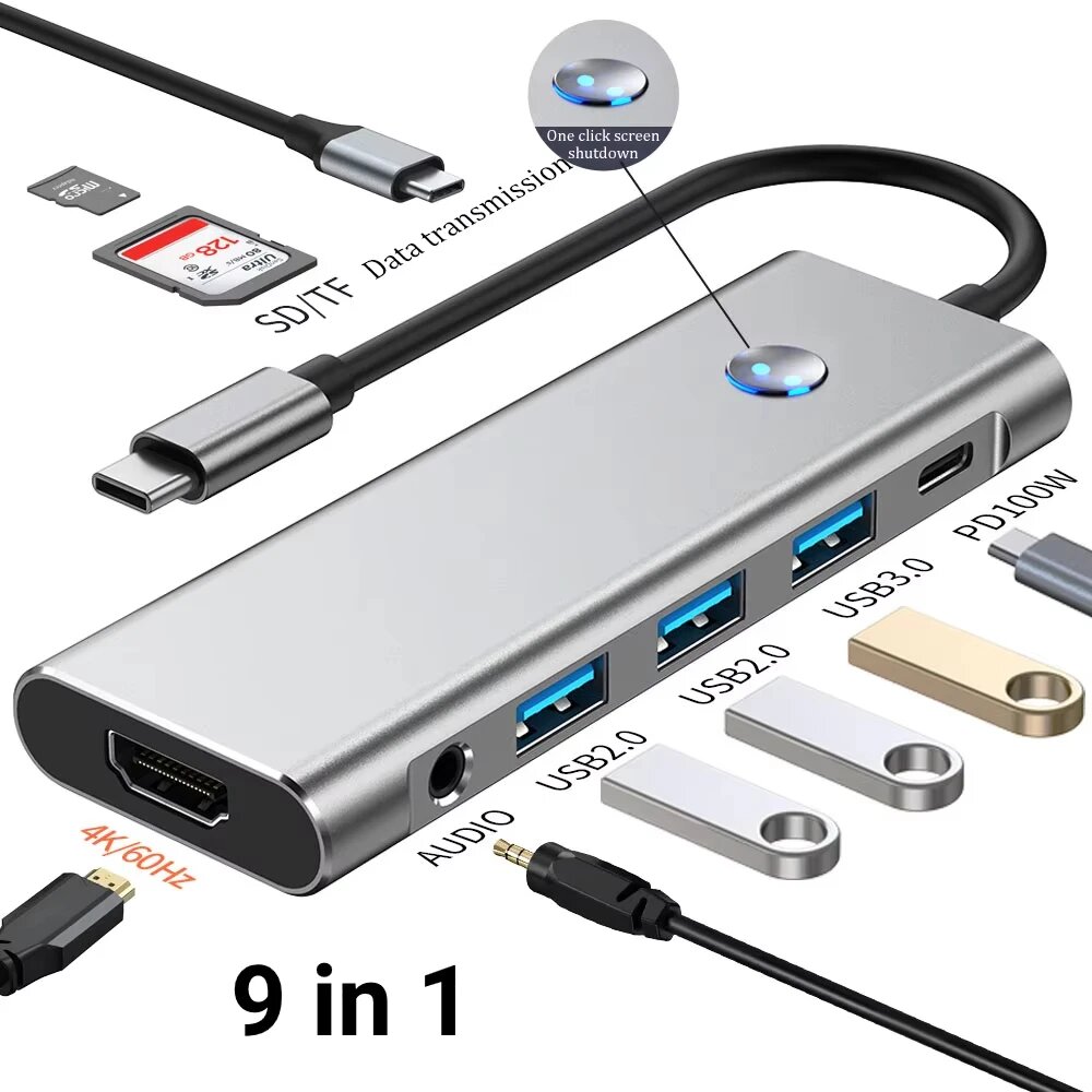 USB C-концентратор типа C к HDMI 4K60Hz USB 3.0 PD100W 3,5 мм адаптер SD/TF с кнопкой включения/выключения экрана для Macbook Air Pro аксессуары для ПК, 9 in 1