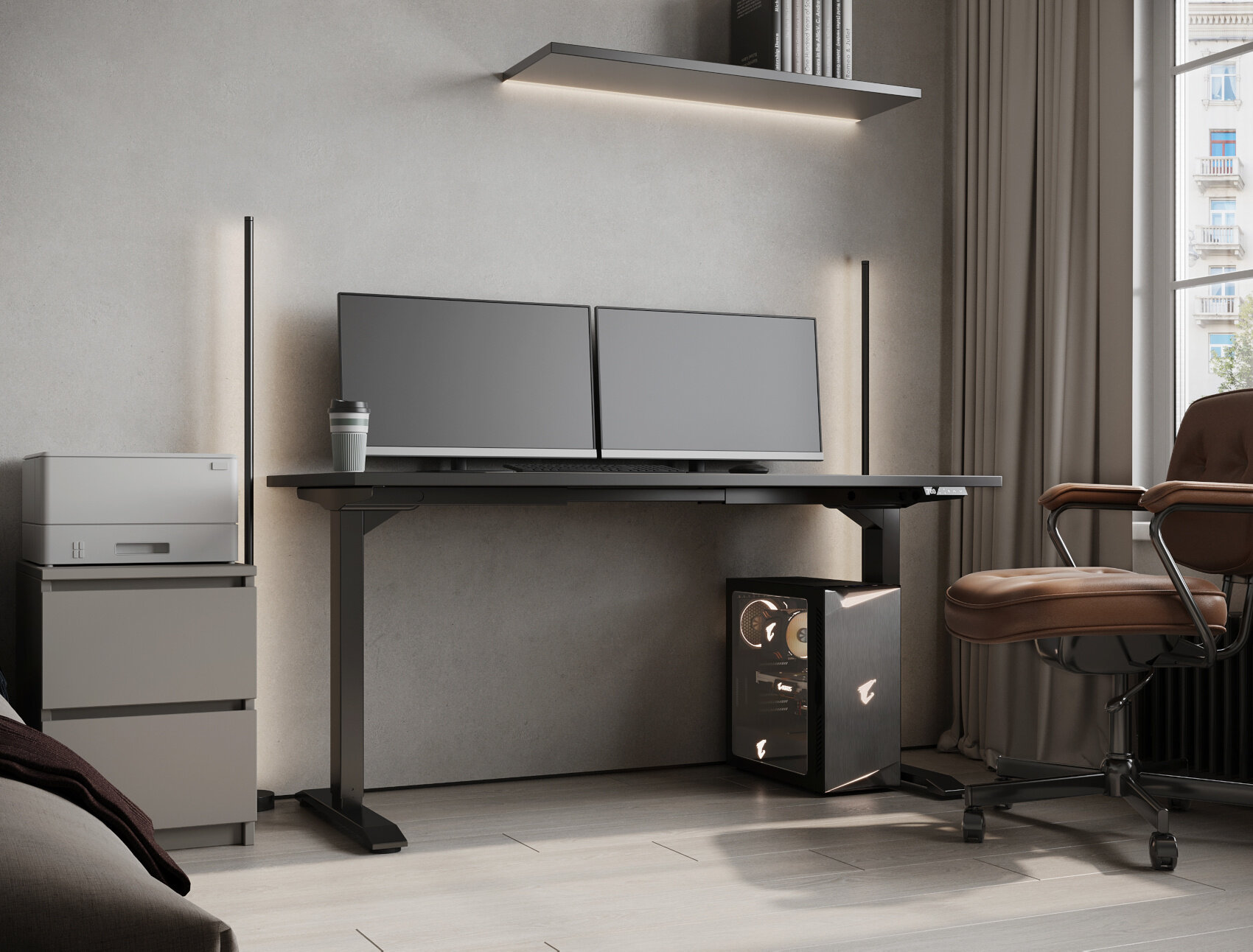 Компьютерный стол с подъемным механизмом JetDESK L (2 мотора), высота 70-120см, столешница 150x70см Egger нежный черный — фото 1