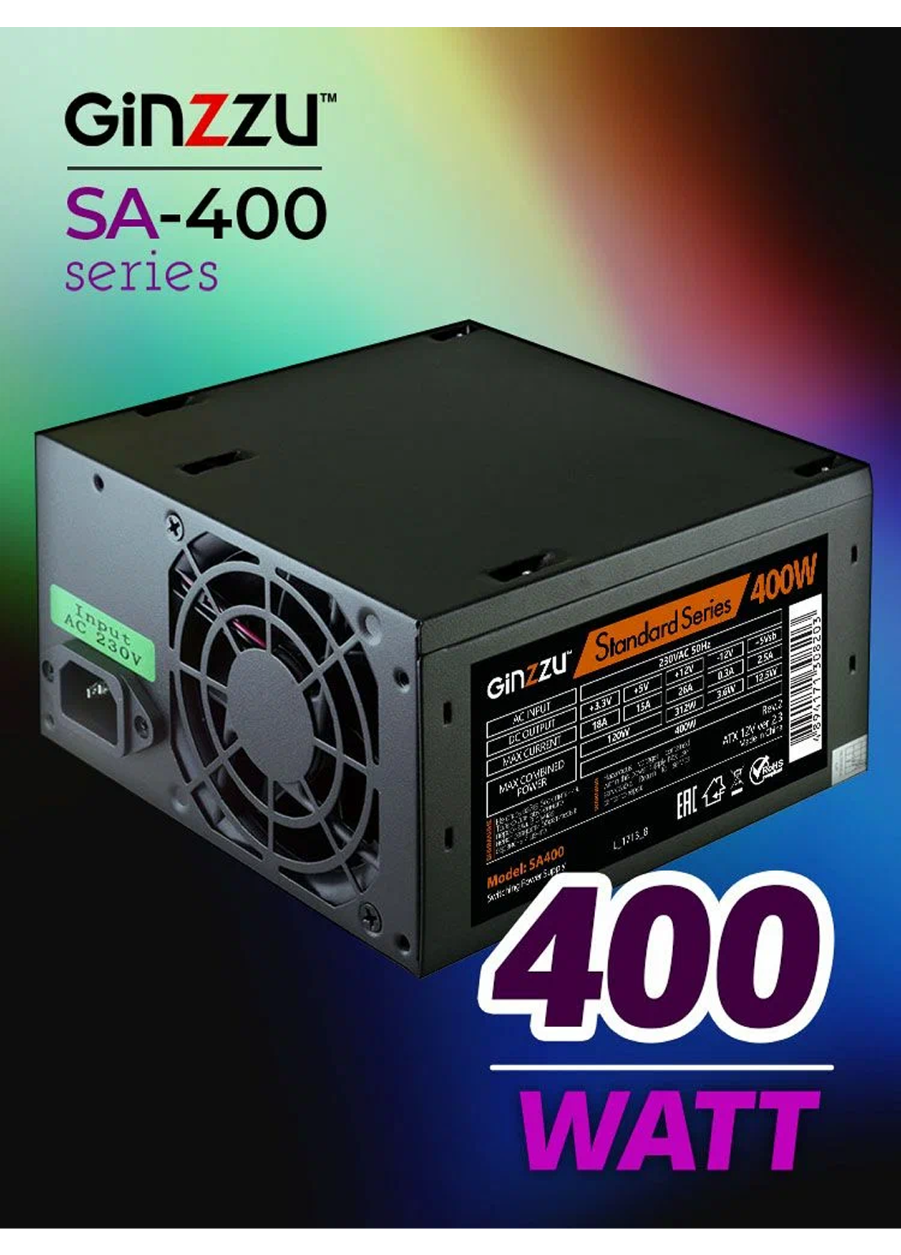 Блок питания Ginzzu SA400 ATX 8cm fan 20+4pin +4Pin 2*SATA 2*IDE Черный