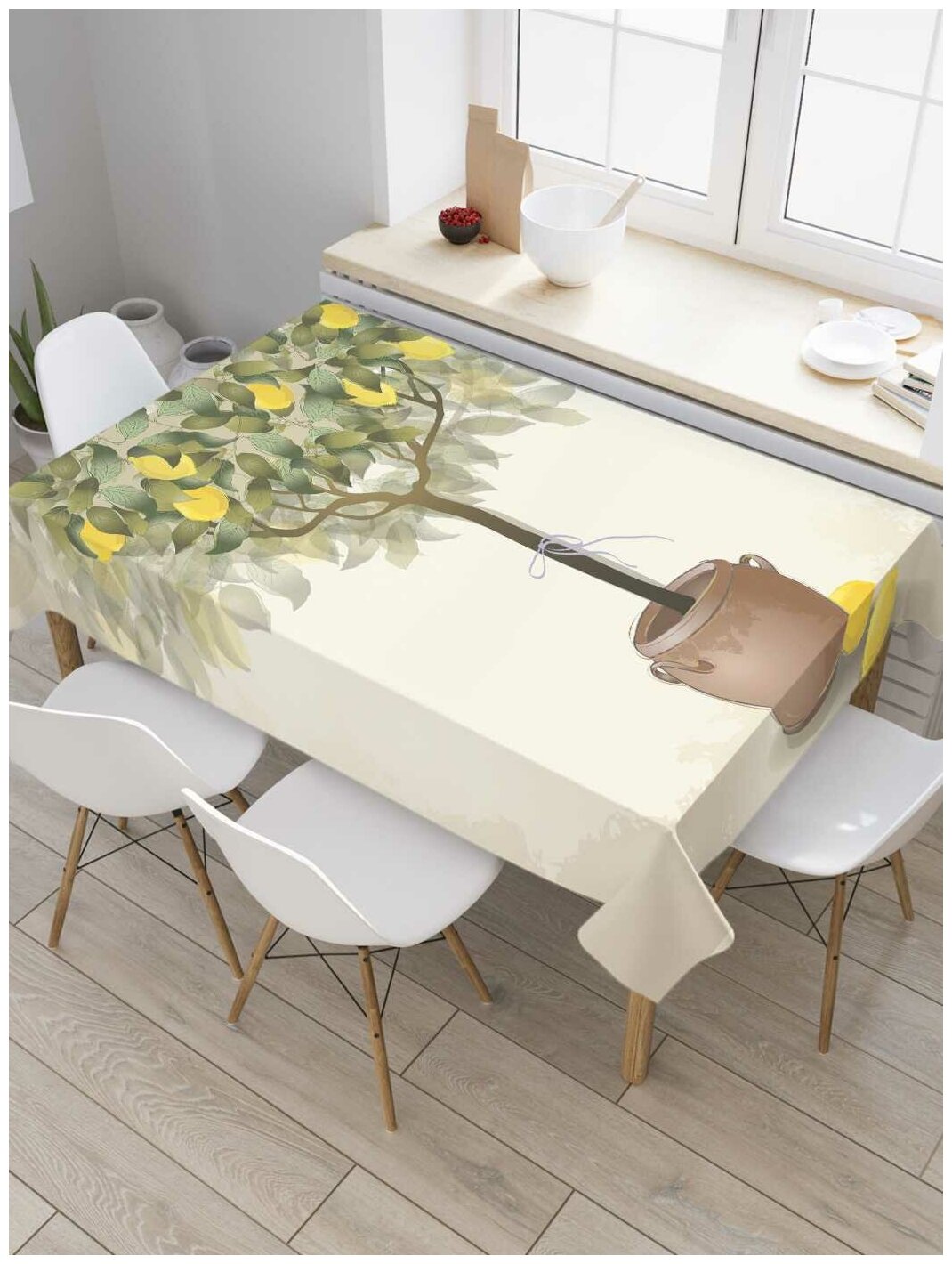 Прямоугольная водоотталкивающая скатерть на стол JoyArty с рисунком "Ваза с лимонами" 120 на 145 см