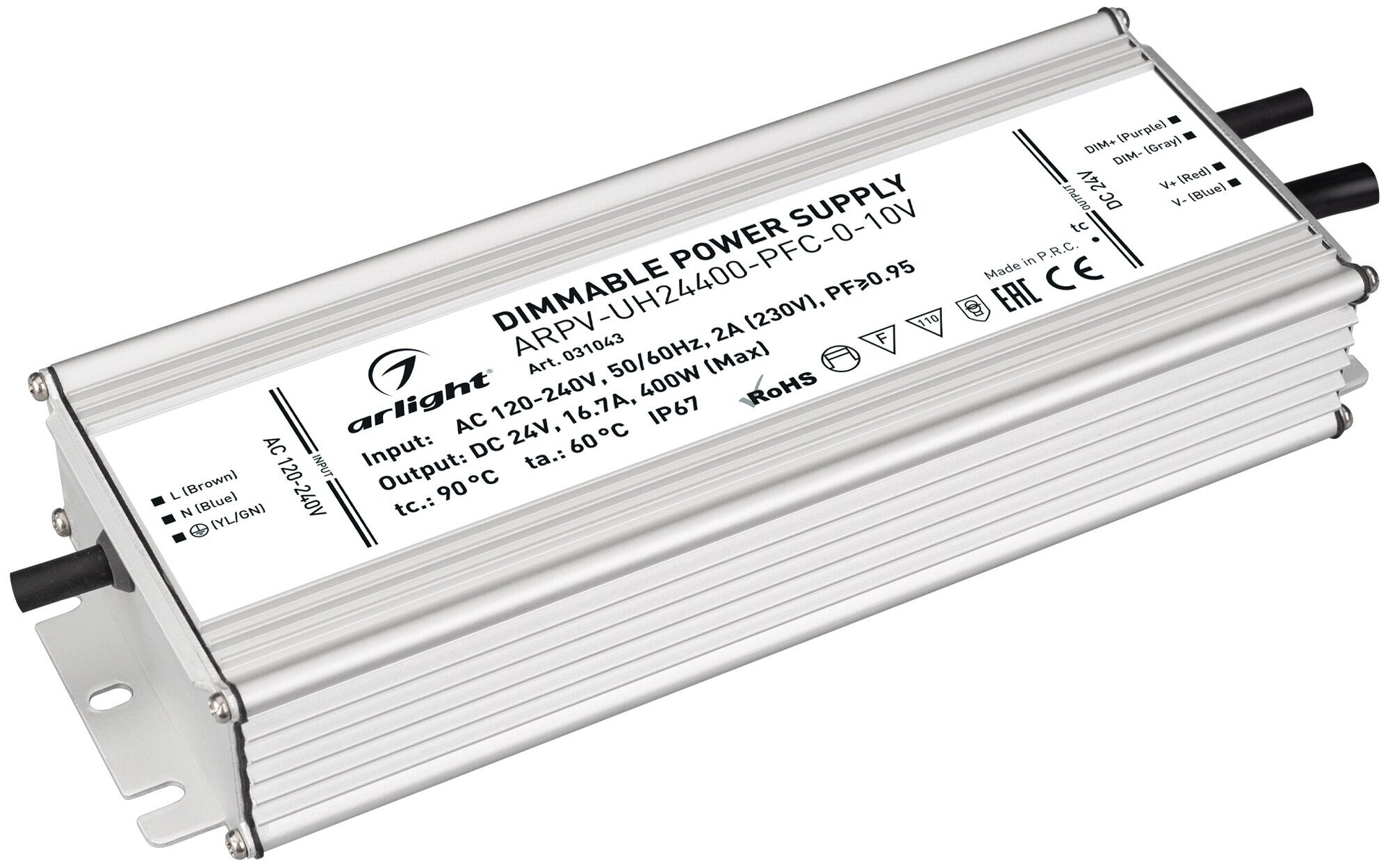 Блок питания ARPV-UH24400-PFC-0-10V (24V, 16.7A, 400W) (Arlight, IP67 Металл, 7 лет)