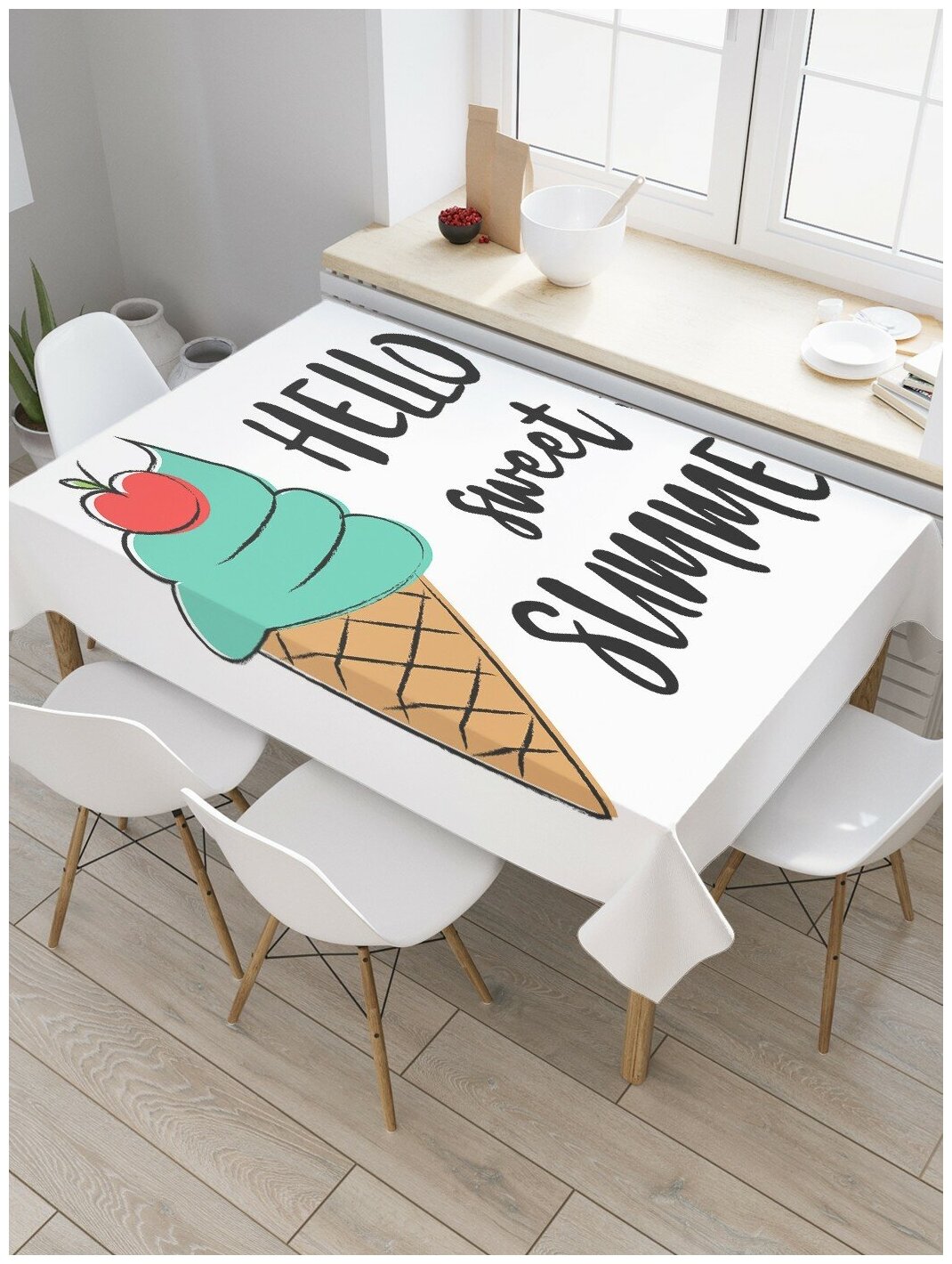 Скатерть прямоугольная JoyArty на кухонный стол "Мороженое с вишенкой" из оксфорда, 120x145 см