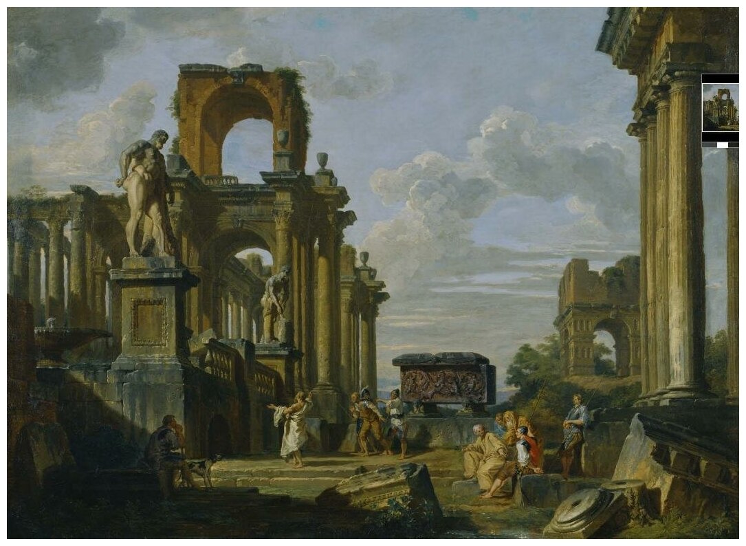 Репродукция на холсте Архитектурное каприччио Римского форума с философами и солдатами среди древних руин Панини Джованни Паоло 69см. x 50см.