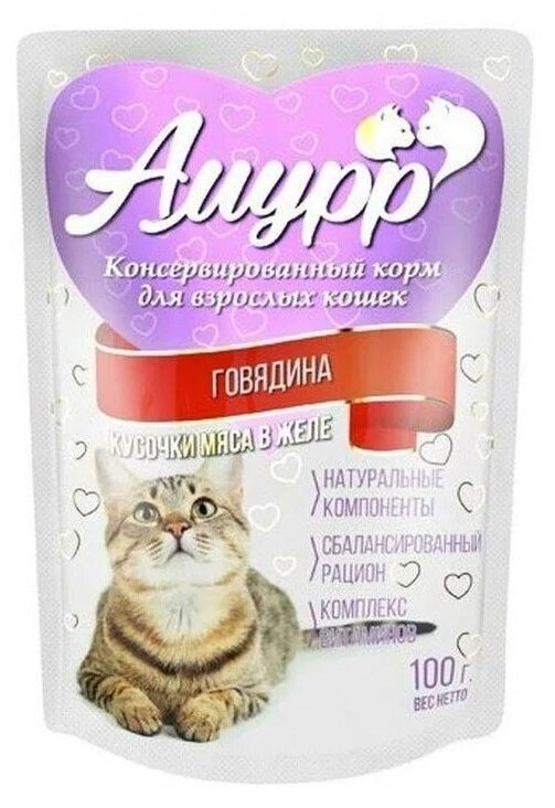 Корм для кошек Амурр кусочки в желе "Говядина" 100гр х24шт - фотография № 1