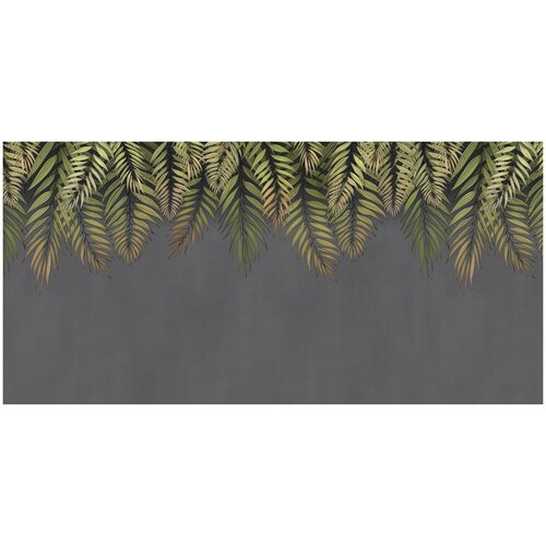 Фотообои Уютная стена Свисающие резные листья пальм на темном фоне 560х270 см Виниловые Бесшовные (единым полотном)