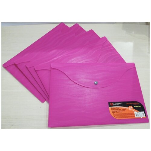 Папка-конверт на кнопке, A4, 200 мкм, Lamark волна, розовый, супер плотный пластик, непрозрачный, 1 шт