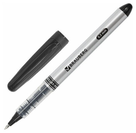 Ручка-роллер BRAUBERG "Control", черная, корпус серебристый, узел 0,5 мм, линия письма 0,3 мм, 12 шт