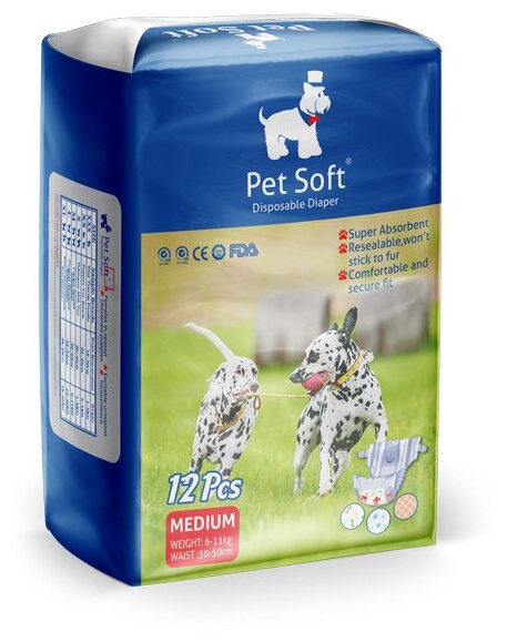 Подгузник для собак PET SOFT DIAPER , 3 цвета, размер M (6-11кг, талия 30-50см) 12шт (124)