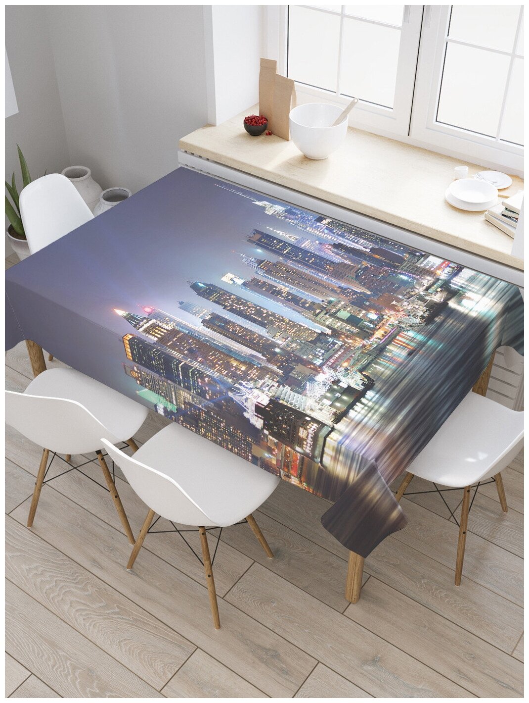 Прямоугольная тканевая скатерть на стол JoyArty с рисунком "Город современности" 120 на 145 см - фотография № 1