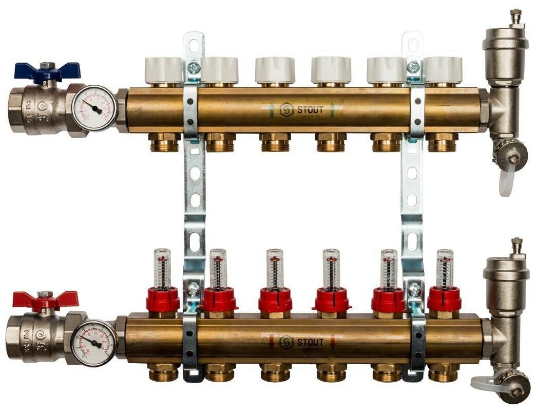 Коллектор Stout распределительный в сборе из латуни с расходомерами 6 вых.