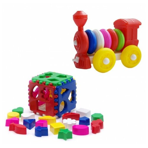 Набор Игрушка Кубик логический большой + Конструктор-каталка Паровозик