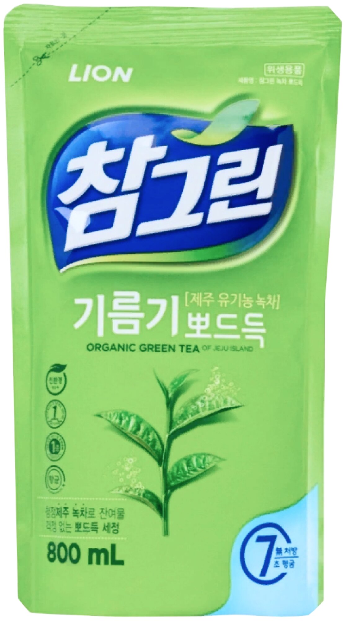 LION Средство для мытья посуды, овощей и фруктов "CHAMGREEN" Зеленый чай, мягкая упаковка, 800 мл