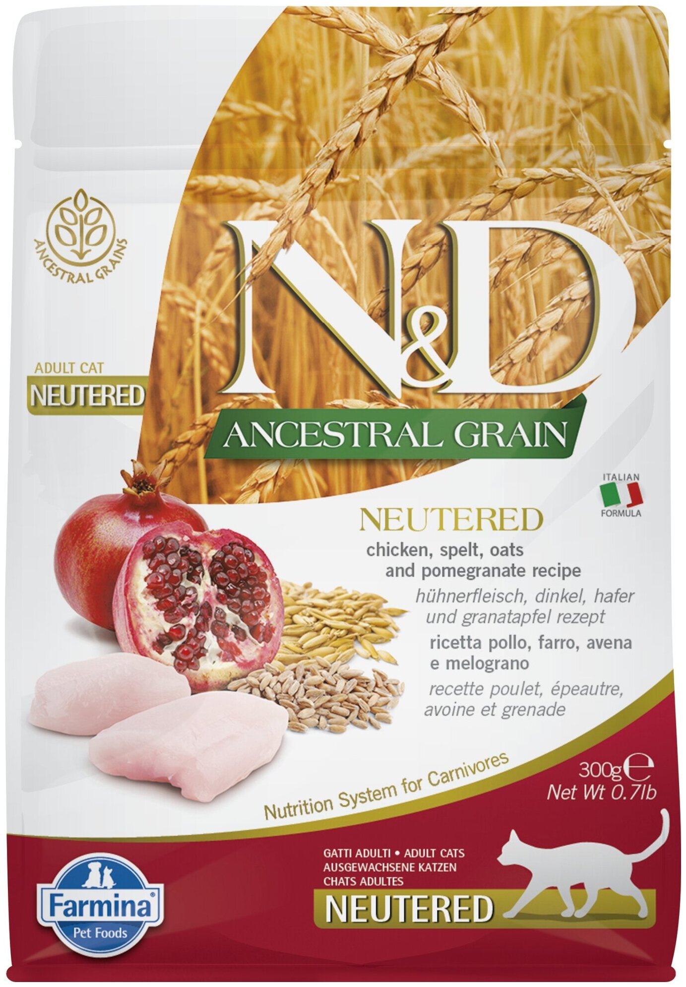 N&D Cat Ancestral Grain с курицей и гранатом низкозерновой сухой корм для стерилизованных кошек и кастрированных котов 0,3кг