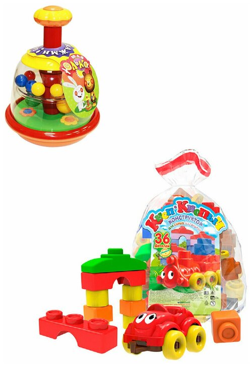 Развивающие игрушки для малышей набор Конструктор Кноп-Кнопыч 36 деталей + Юла Юлька, Биплант