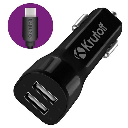 сзу krutoff ch 07c 2xusb 2 4a кабель usb type c черный Автомобильное зарядное устройство Krutoff CCH-01C, 2xUSB, 2.1A, кабель Type-C, черное