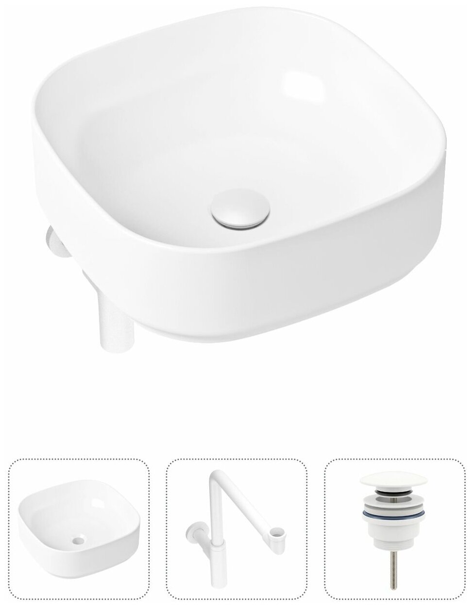 Накладная раковина в ванную Lavinia Boho Bathroom Sink Slim 21520270 в комплекте 3 в 1: умывальник белый, донный клапан и сифон в цвете матовый белый