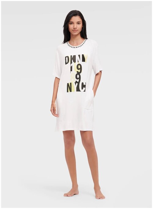 Платье DKNY М пижамное белое с лого на груди и лого резинкой Logo Collar Sleepshirt