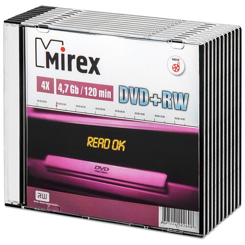 Перезаписываемый диск DVD+RW Mirex 4,7Gb 4x slim box, упаковка 10 шт. диск mirex dvd rw перезаписываемый cake упаковка 20 шт 2 банки по 10