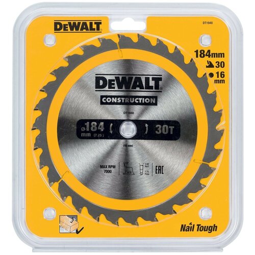 Диск пильный DeWalt твердосплавный 184х16х30 Construction DT1940 .