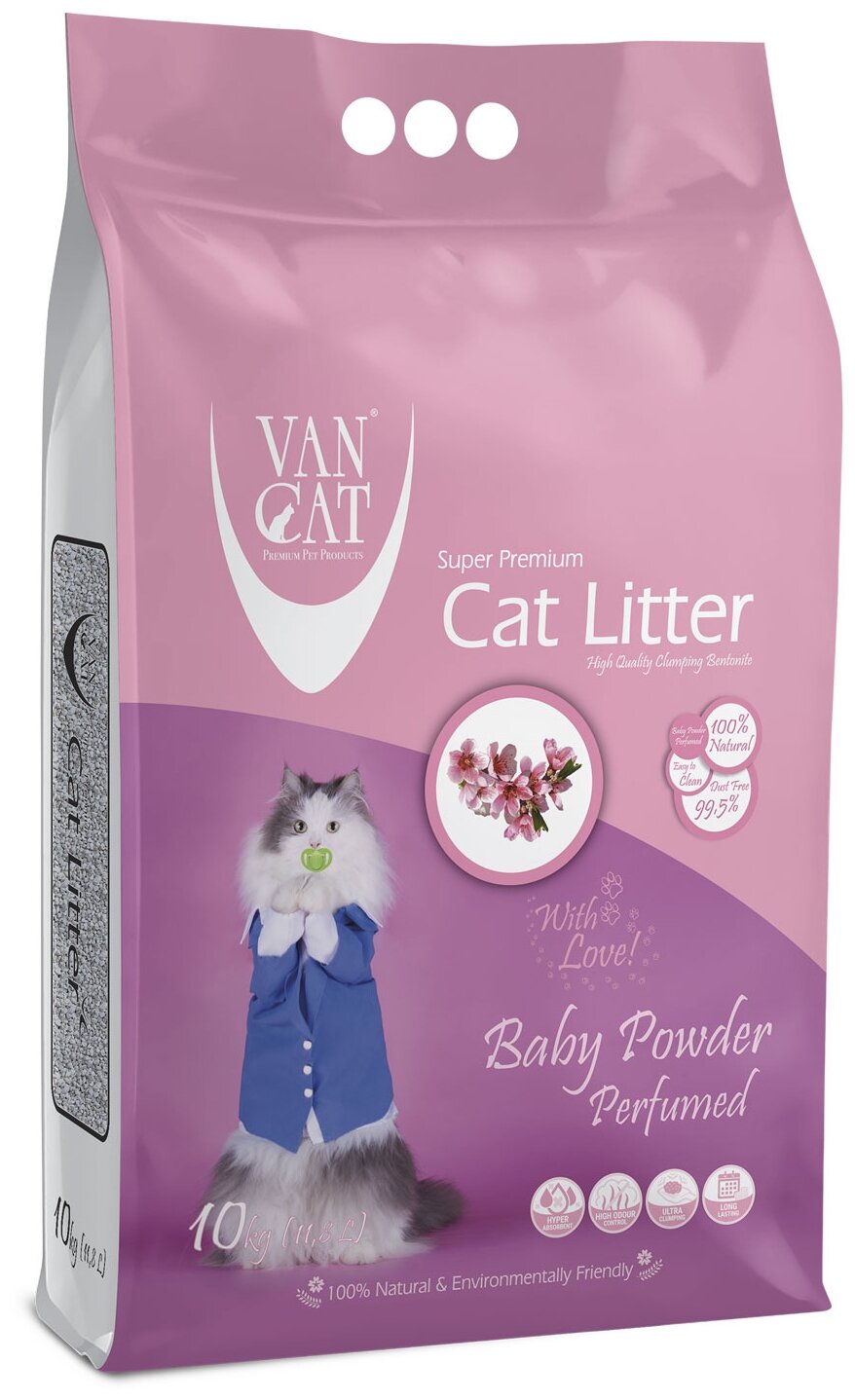 Van Cat Комкующийся наполнитель без пыли с ароматом Детской присыпки, пакет (Baby Powder), 10 кг