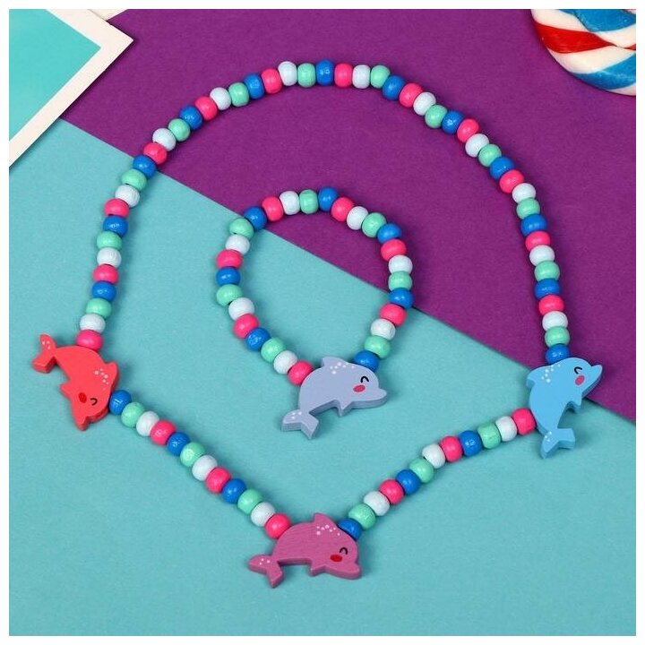 Набор детский "Выбражулька" 2 предмета: бусы, браслет, дельфины, цвет микс - фотография № 2
