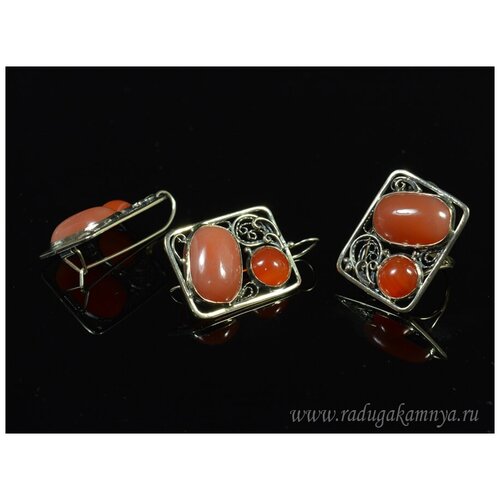 Комплект бижутерии: серьги, кольцо, сердолик, размер кольца 18.5, оранжевый