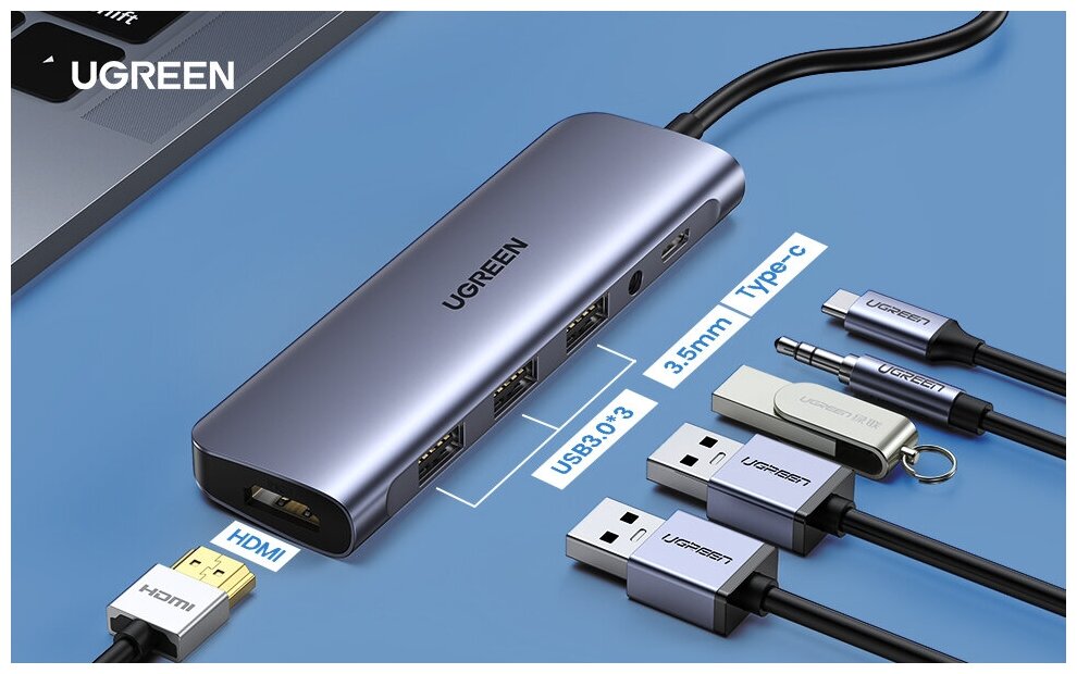 UGREEN USB концентратор 6 в 1 (хаб) 3 x USB 30 HDMI Jack 35 PD (80132)