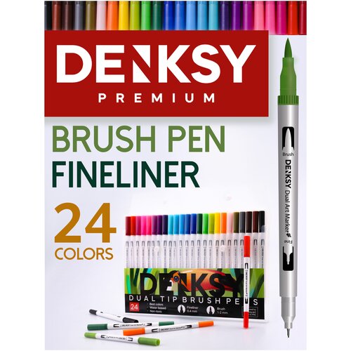 Маркеры DENKSY для скетчинга, 24 цвета, двусторонние (кисть 1-2 мм, линер 0,4 мм), корпус белый
