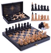 Игра 3в1 дорожная черная, рисунок золото с обиходными деревянными шахматами "Объедовские" (нарды, ша