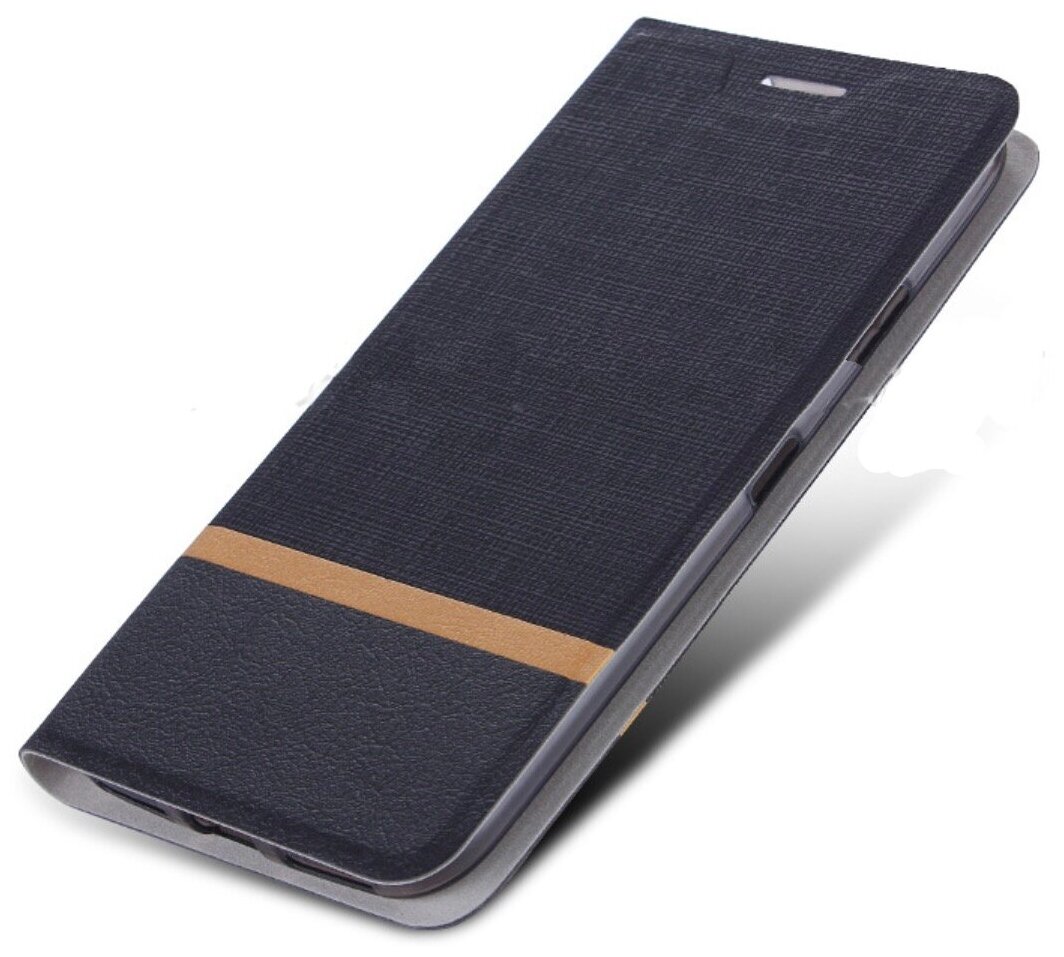 Чехол-книжка MyPads для Alcatel A3 PLUS 3G 5011A из водоотталкивающей ткани под джинсу с золотой полосой и вставкой под кожу черный