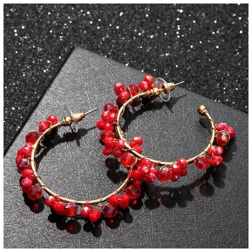 фото Queen fair серьги- кольца "природа" кристаллы бусины, d=6 см, цвет красный в золоте