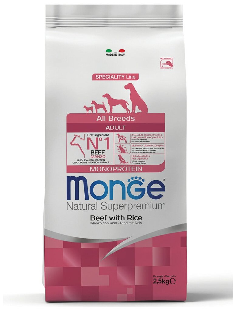 Monge Dog Monoprotein All Breeds Beef and Rice корм для собак всех пород говядина с рисом, 12кг