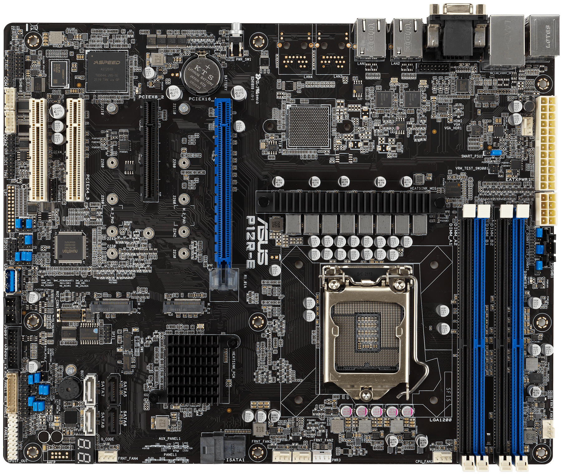 P12R-E ATX, LGA 1200, 4x DDR4 DIMM (to 128GB ECC UDIMM), 6x USB 3.0 (4 rear), 8x SATA (4 in MiniSAS HD), 1x PCIE x16/x8, 1x PCIE x8, 2x PCIE x8 (link