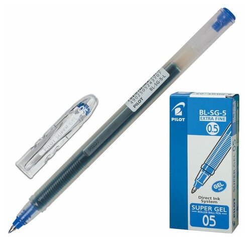Ручка гелевая PILOT "Super Gel", синяя, корпус прозрачный, узел 0,5 мм, линия письма 0,3 мм, BL-SG-5