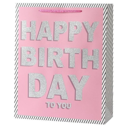 фото Пакет подарочный, с днем рождения! (тонкие полоски), розовый, с блестками, 23*18*8 см, 1 шт. дон баллон