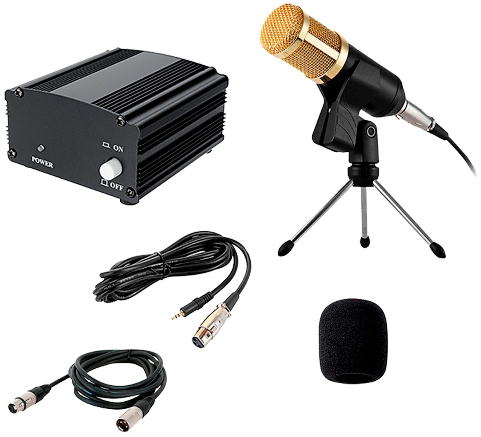 Комплект KM800-TZ конденсаторный микрофон BM800 чёрно-золотой с фантомным питанием 48V на настольной треноге с кабелями для подключения