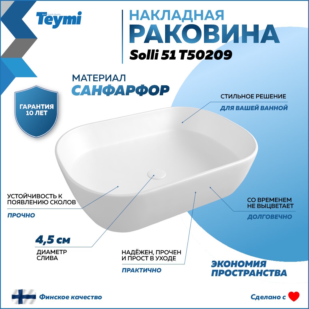 Раковина Teymi Solli 51 artceramic, накладная, белая T50209 - фотография № 2