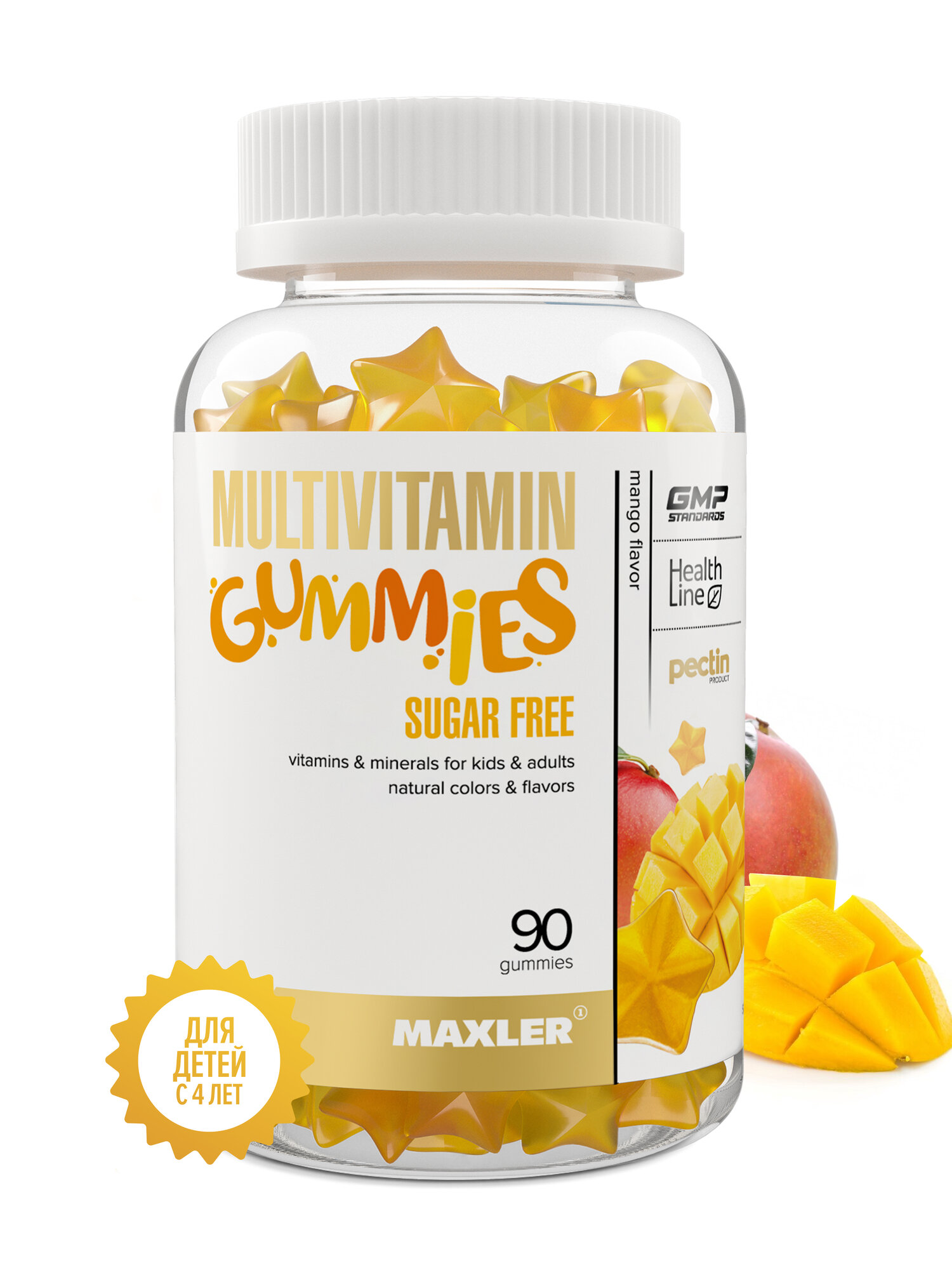 Мультивитамины для детей без сахара Maxler Multivitamin Gummies Sugar Free, 90 жевательных пастилок - Манго