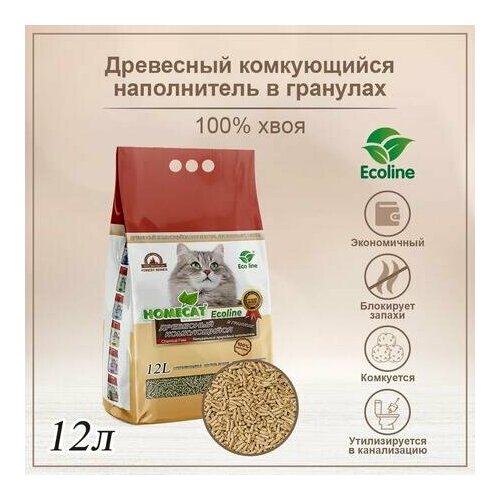 HOMECAT Ecoline 12 л древесный комкующийся наполнитель в гранулах для кошачьих туалетов