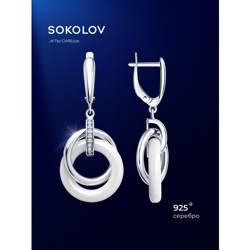 фото Серьги с подвесками sokolov, серебро, 925 проба, родирование, керамика, фианит, размер 42 мм, , белый