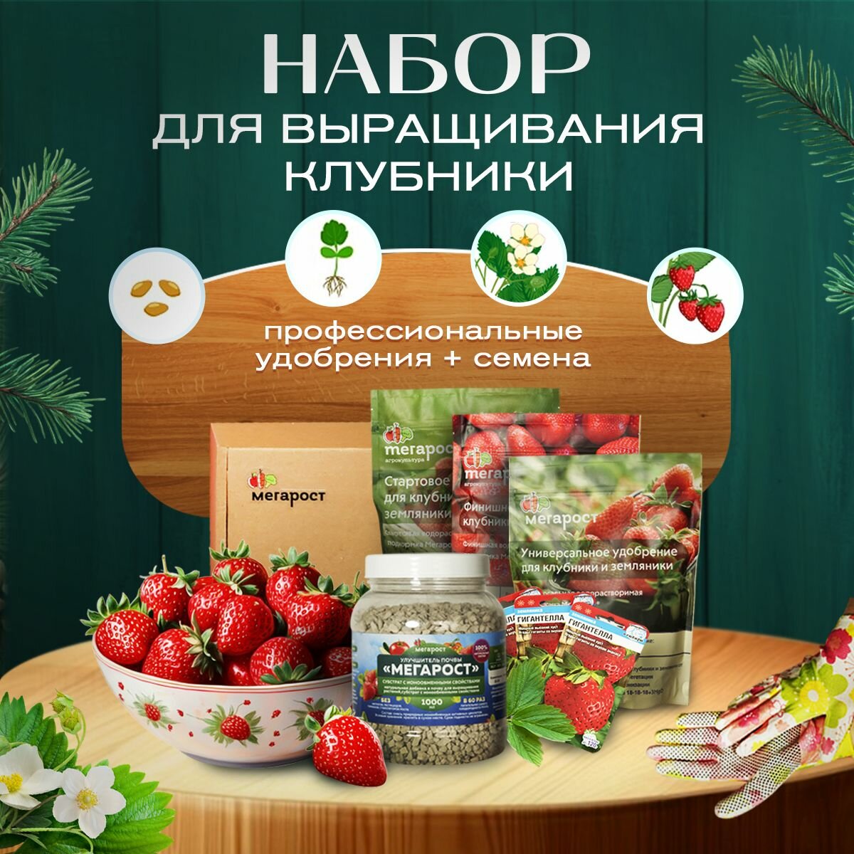 Набор удобрений и семян подарочный для выращивания клубники и земляники