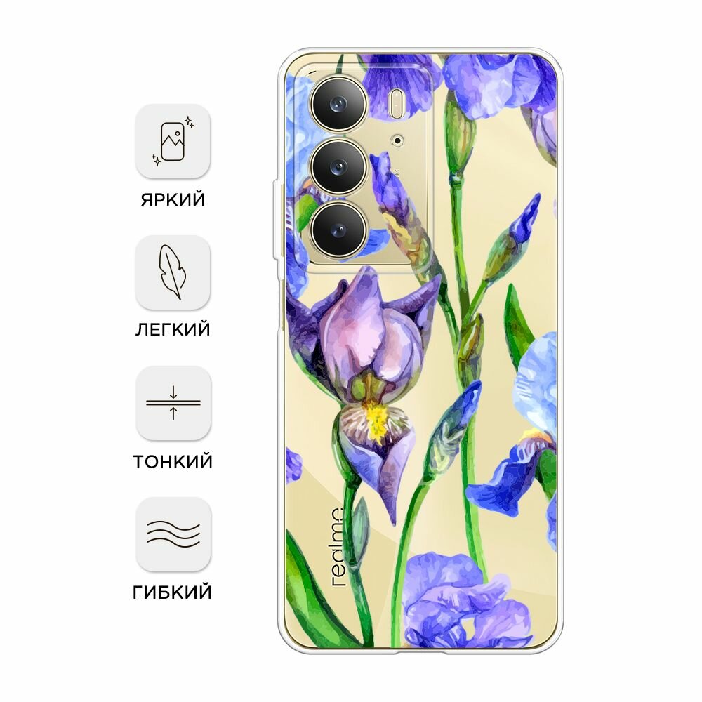Чехол на Realme C75 4G / Реалми C75 4G с принтом "Синие ирисы", прозрачный — фото 1