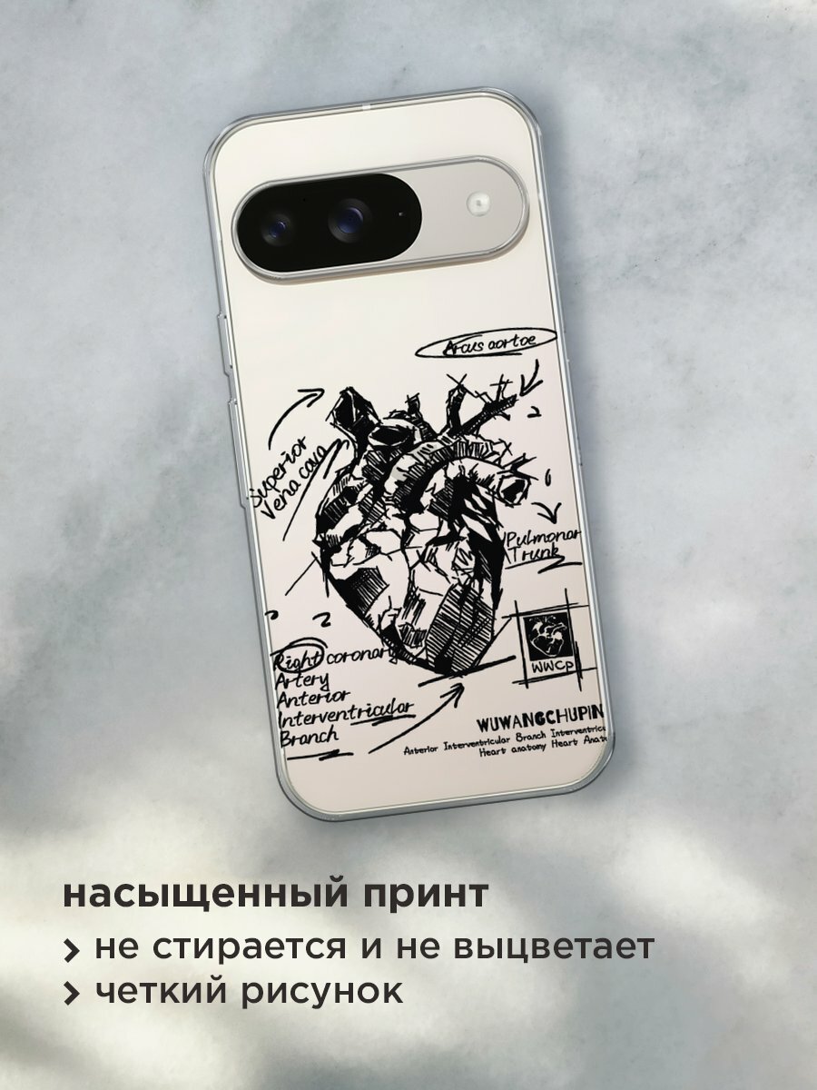 Чехол на Google Pixel 9 / Гугл Пиксель 9 с принтом "Анатомическое сердце 2", прозрачный — фото 1