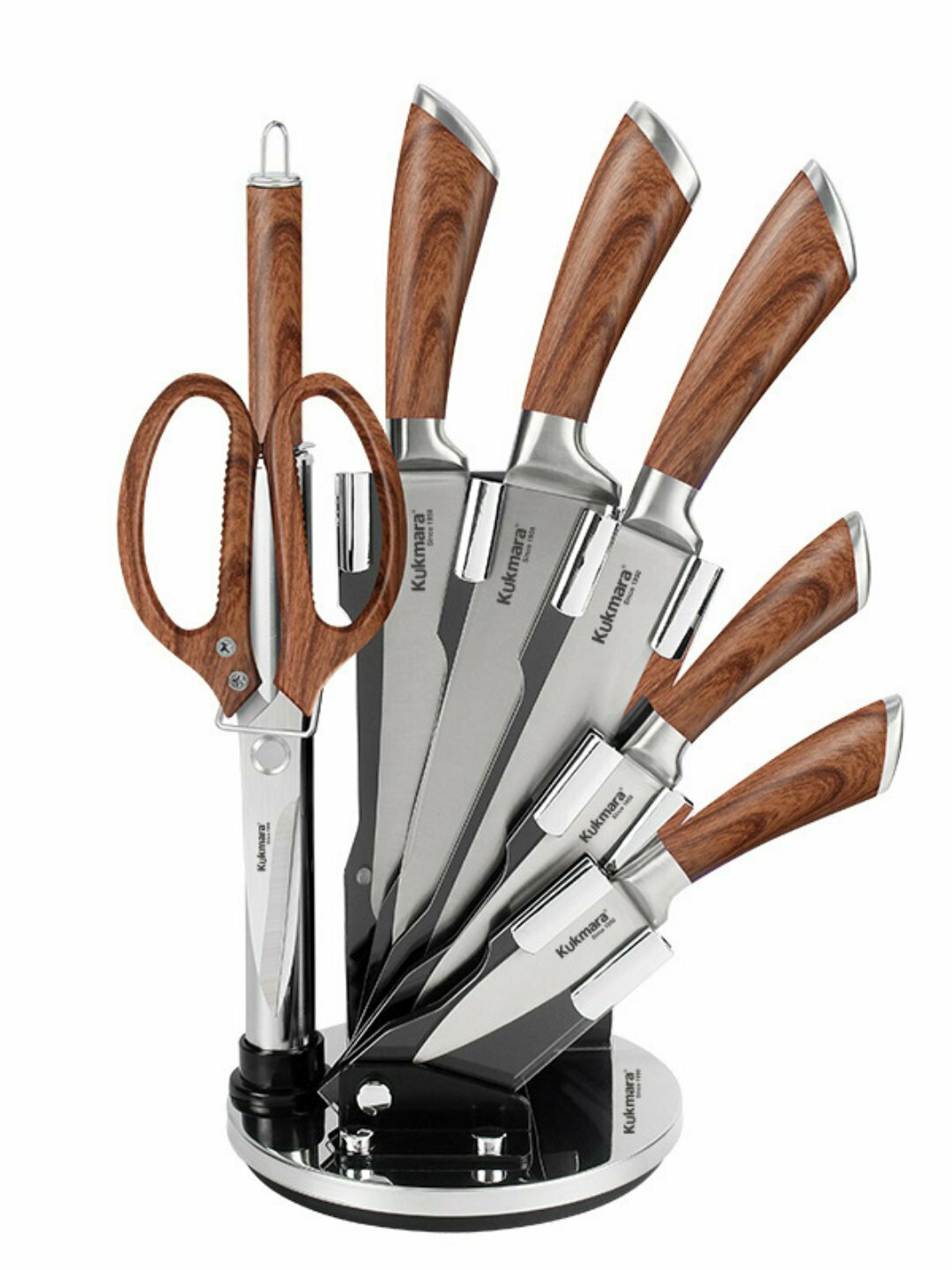 Набор кухонных ножей. Набор кухонных ножей из 8 предметов – 4 разных ножа + аксессуары, с подставкой