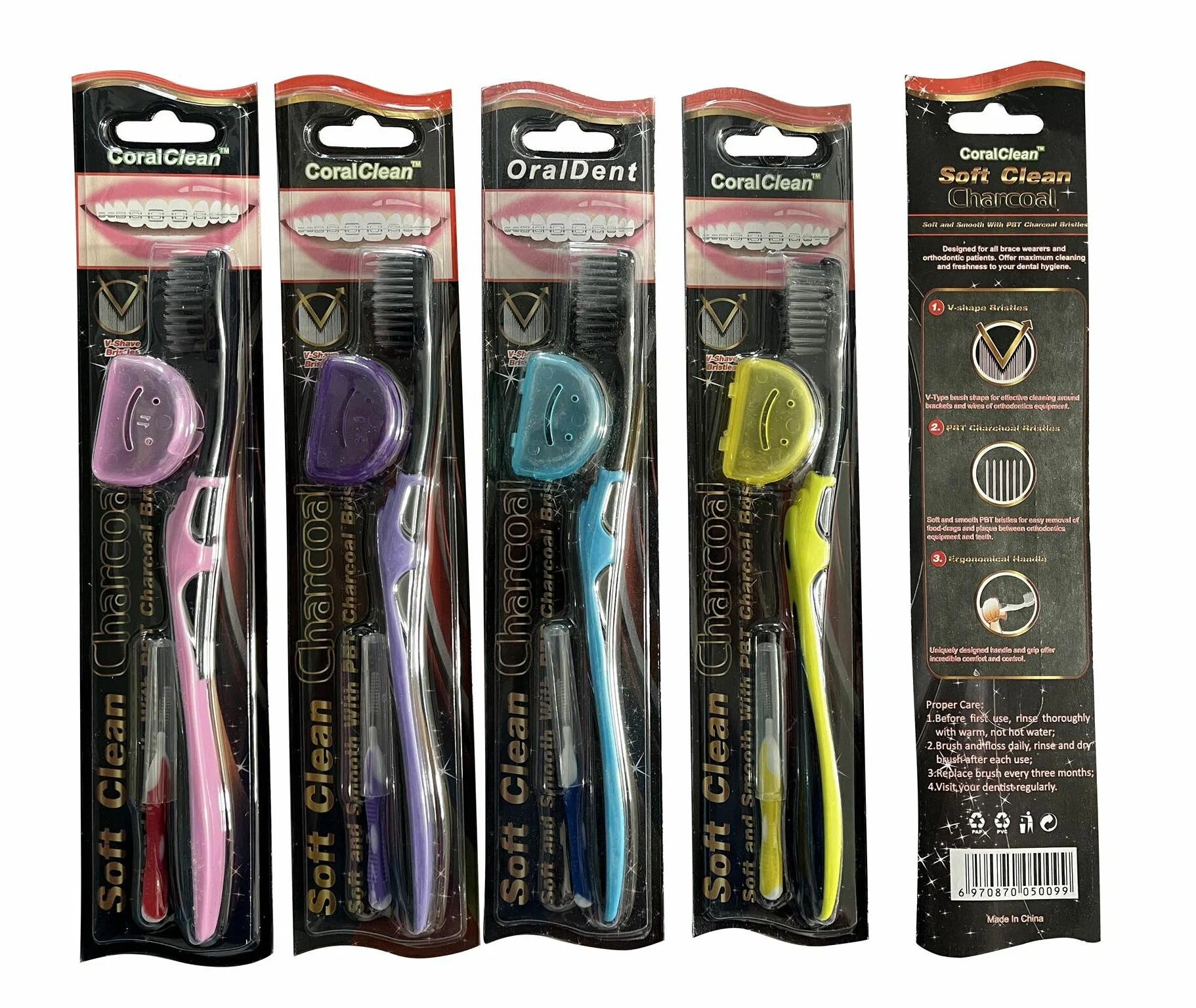 Ортодонтическая зубная щётка CoralClean с угольной V-образной щетиной + межзубная щётка + капа