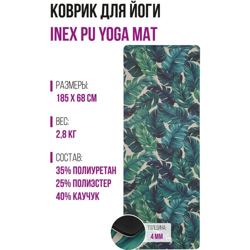 Дизайнерский коврик для йоги INEX Yoga PU Mat полиуретан с принтом, дневные тропики, 185х68х0,4 см.