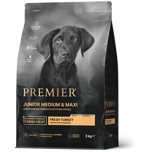 Сухой корм для собак Premier Dog Turkey JUNIOR Medium&Maxi (Свежее мясо индейки для юниоров средних и крупных пород) 3 кг.